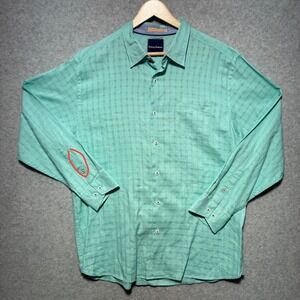 Tommy Bahama Mens XL Linen Cotton Button Up Shirt Seafoam Green Grid Long Sleeve
